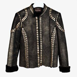 Roberto Cavalli Embellished Black Gold Sheepskin Jacket